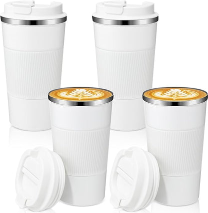 Sabary 4 Pack 16 oz Bulk Travel Coffee Mug with Lid Reusable Vacuum Insulated Coffee Tumbler Double Wall Thermal Stainless Steel Camping Tea Cup for Christmas Winter Drinks Employee Gift(White)