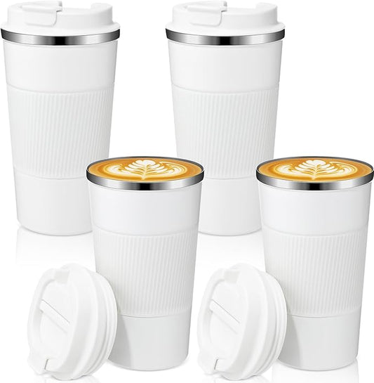 Sabary 4 Pack 16 oz Bulk Travel Coffee Mug with Lid Reusable Vacuum Insulated Coffee Tumbler Double Wall Thermal Stainless Steel Camping Tea Cup for Christmas Winter Drinks Employee Gift(White)