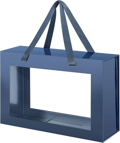 Large Navy Blue Clear Gift Box, 13.5x9x4.1 Inches, Groomsman Proposal Box, Collapsible Gift Box with Magnetic Closure (Glossy Navy Blue, 1 Pack)