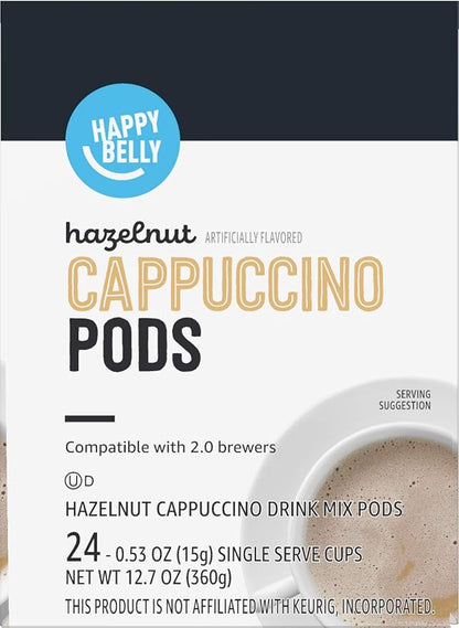 Happy Belly Light Roast Cappuccino Coffee Pods, Hazelnut Flavored, Compatible with K-Cup Brewers, 24 Count
