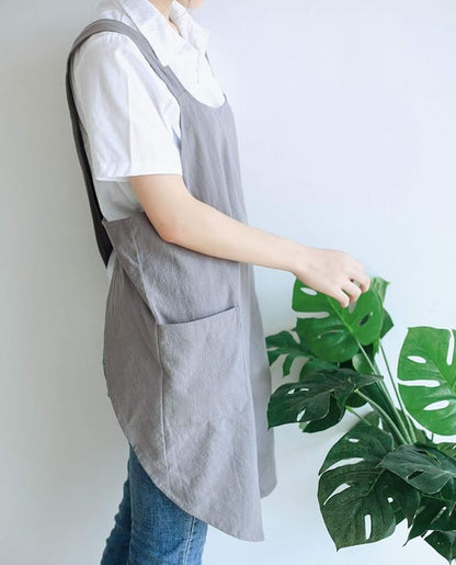 NEWGEM Japanese Linen Cross Back Cooking Aprons for Women Men with Pockets Cute for Baking Kitchen
