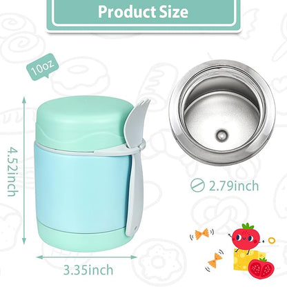 10oz Soup Thermo for Hot Food Kids,Lunch Thermo Kids Food Jar with Spoon Hot Insulated Food Containers,Leak Proof Stainless Steel Wide Mouth Lunch Food Thermo Jar for School(Mint-Green)