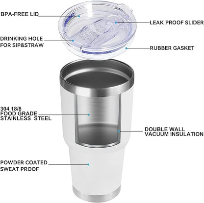 DOMICARE 30oz Tumbler Bulk with Lid and Straw, Double Wall Travel Coffee Mug, Insulated Vacuum Stainless Steel Tumblers, Powder Coated Tumbler Cup (White, 8)