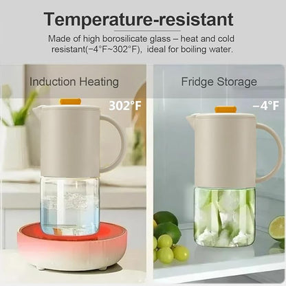 Delove Borosilicate Glass Pitcher with Lid & Auto Spout – Shatterproof Plastic Shell, Wide Mouth Design – 62 oz (1.9 Quart) Jug for Cold/Boiling Water, Iced Tea, Juice (1, Beige)
