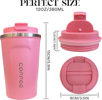 YINBAOGE Insulated Travel Coffee Mug Spill Proof Leak Proof Pobtable To Go Camping Stainless Steel Coffee Tumbler Reusable Coffee Cups with Lids Thermos for Hot and Cold Drink (2nd-Pink, 12 OZ)