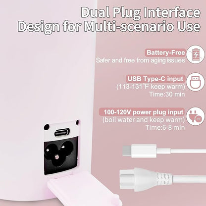 Travel Kettle Portable Electric Kettle with Plug-in Boiling & Keeps Warm via USB, Portable Water Boiler with 4 Temperature Settings, 304 Stainless Steel with Auto Shut-off 16oz(Pink)