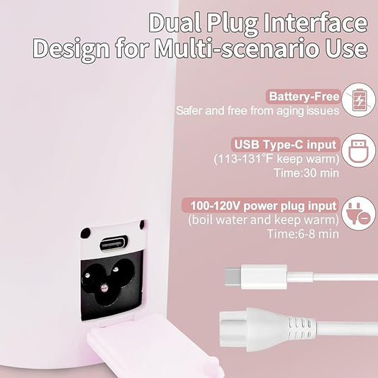 Travel Kettle Portable Electric Kettle with Plug-in Boiling & Keeps Warm via USB, Portable Water Boiler with 4 Temperature Settings, 304 Stainless Steel with Auto Shut-off 16oz(Pink)