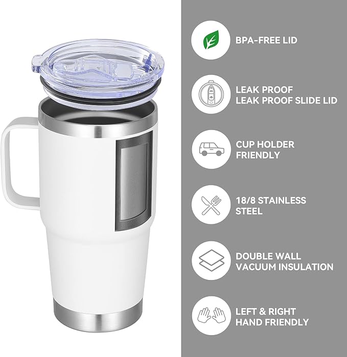 VEGOND 20 oz Tumbler Bulk with Handle Lid and Straw, Stainless Steel Insulated Travel Coffee Mug Set, Spill Proof Double Wall Metal Tumblers Cups, New White 12 Pack