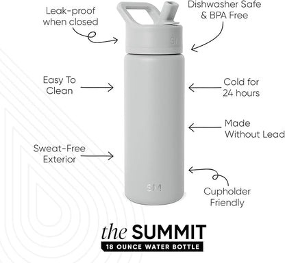 Simple Modern Kids Water Bottle with Straw Lid | Vacuum Insulated Stainless Steel Metal | Reusable Leak Proof BPA-Free Thermos for School | Summit Collection | 18oz, Ice Gray