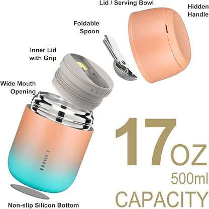 Insulated Food Container 17 oz Soup Thermo for Hot Food Adults, Stainless Steel Vacuum Lunch Box with Folding Spoon, Adult Kids Thermo Portable with Handle for School, Office, Outdoor