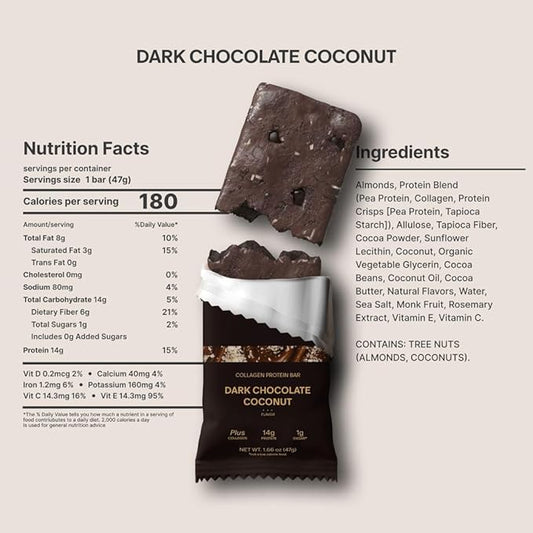 Stars + Honey Protein Bars- Dark Chocolate Coconut,14g Protein, 1g Sugar, w/Collagen Keto Friendly Snack - Gluten, Dairy, & Soy Free - High-Protein Snacks for Energy & Recovery-10 pack