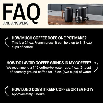 Fellow Clara Insulated Coffee Maker with Enhanced Filtration System - Portable French Press Stainless Steel - 24 oz Carafe - Matte Black