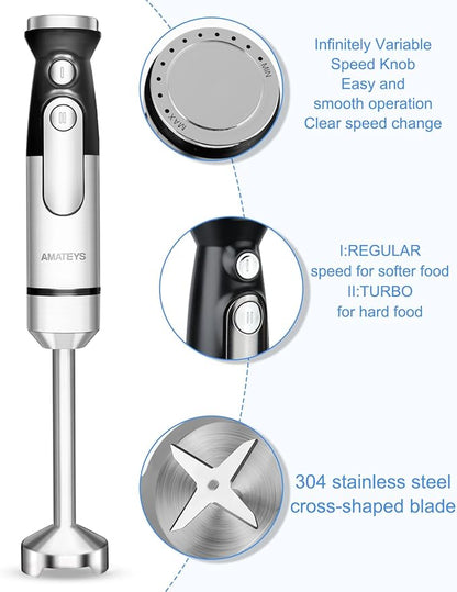 Immersion Blender Handheld,700W Hand Mixer Infinitely Variable Speeds,Multi-function Stainless Steel Stick Electric Kitchen Smoothie Blender with Detachable Whisk, Milk Frother,for Soup Puree