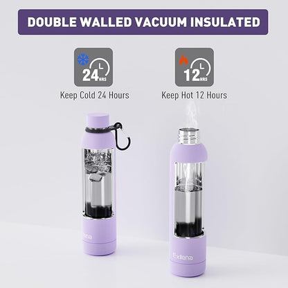 Slim Insulated Water Bottles for Travel 25oz with Clip, Double Wall Vacuum Stainless Steel Water Bottle Keeps Drinks Cold 24 Hrs/Hot 12 Hrs, 100% Leakproof, BPA Free(Purple)