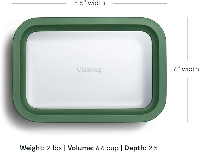 Caraway Glass Food Storage - 6.6 Cup Glass Container - Ceramic Coated Food Container - Non Toxic, Non Stick Lunch Box Container with Glass Lids - Dishwasher, Oven, & Microwave Safe - Sage