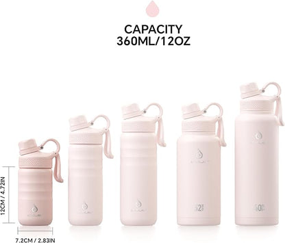 IDEUS Insulated Water Bottle 12oz, Stainless Steel Insulated Water Bottle For School, Insulated Bottles With Straws Leakproof, Vacuum Double Wall Water Bottles For Boys And Girls With 2 Lids, BPA Free