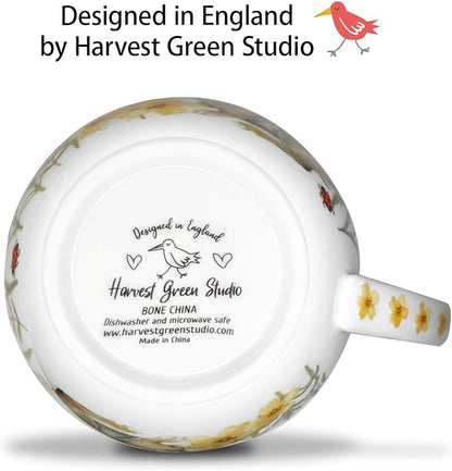 20 oz Rabbit Coffee Hug Mug, Spring Flowers & "Happy Days" Slogan, Premium Bone China Cute Bunny Mug, Perfect Holiday and Birthday Gift for Women, Designed in England by Harvest Green Studio