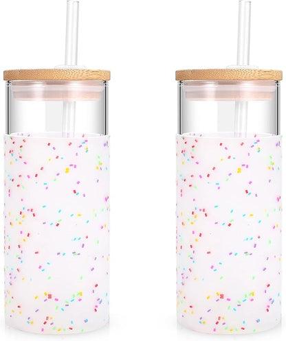 Tronco 20 oz Glass Tumbler Glass Water Bottle Straw Silicone Protective Sleeve Bamboo Lid - BPA Free (Colorful spots/ 2pack)