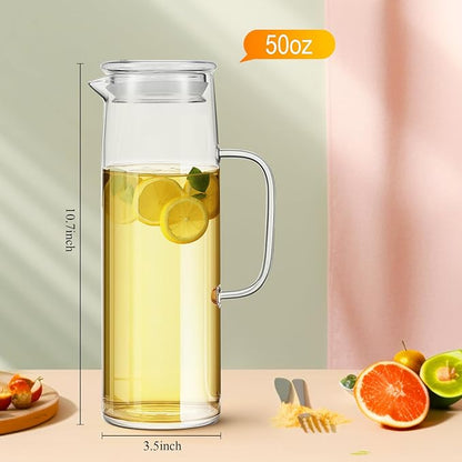 Hsei 2 Sets Glass Pitcher with Lid, 50 oz / 1500 ml Water Carafe with Handles Hot Cold Beverage Water Jar Glass Jug for Tea Juice Milk Coffee Iced Beverage (Glass Lid)