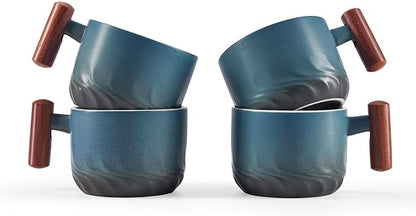 2.5oz Ceramic Espresso Cups with Wooden Handle, Small Coffee Cups Double Shot Espresso Cups Set of 4