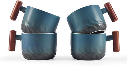 6oz Ceramic Espresso Cups with Wooden Handle, Small Coffee Cups for Latte Cappuccino, Tea Cups Set of 4