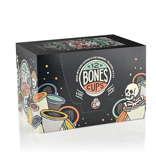 Bones Coffee Company White Chocolate Peppermint Bark Flavored Coffee Pods, Low Acid Medium Roast Single-Serve Bones Cups, Compatible with K-Cups Brewers Coffee Maker, 12 Count