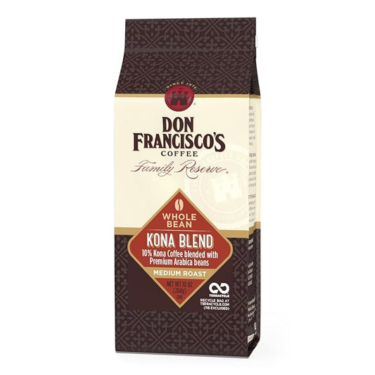 Don Francisco's Kona Blend Whole Bean Coffee, Medium Roast – 100% Arabica, 10 oz Bag, Premium Coffee for Drip, Pour Over and French Press