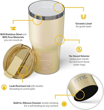 RTIC 30oz Essential Tumbler with Lid, Insulated, Stainless Steel, Metal, Double Wall Vacuum-Insulation, Ceramic Lined, Travel Cup for Iced Coffee, Tea, Hot and Cold Drink, Sunlight Glitter