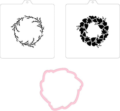 Wreath Cookie cutter and stencil set Baking stencils and cutters bundle DIY bakery decorating kit Wedding Cookie cutter with stencils Icing stencil and cookie cutter combo (Wreath Set)