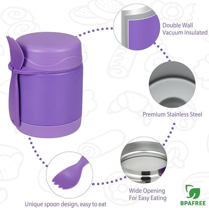 10oz Soup Thermo for Hot Food Kids,Lunch Thermo Kids Food Jar with Spoon Hot Insulated Food Containers,Leak Proof Stainless Steel Wide Mouth Lunch Food Thermo Jar for School(Purple)