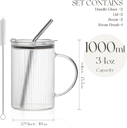 KEMORELA 2 Pack Fine-Ribbed Glass Tumblers with Handle and Lid – 1000ml / 34oz Iced Coffee Cups with Reusable Straws – Large Clear Glass Mugs for Smoothies, Juice & Daily Drinks (2 Pack-Ribbed-Fine)