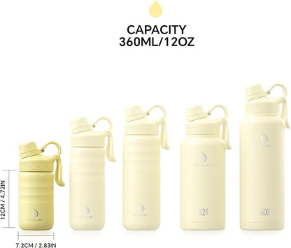 IDEUS Insulated Water Bottle 12oz, Stainless Steel Insulated Water Bottle For School, Insulated Bottles With Straws Leakproof, Vacuum Double Wall Water Bottles For Boys And Girls With 2 Lids, BPA Free