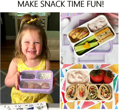Kids Glitter Snack Container - Mini Bento Lunch-Box, Small Leakproof Container Boxes for Toddlers Girls Snacks Lunches, 3 Compartment - School Daycare Portion Containers, Pink Purple Sparkle Set of 2