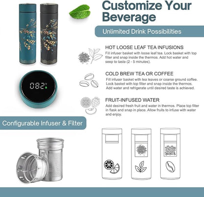 Farasi Tea Infuser for Loose Leaf Tea Smart Water Bottle with Fahrenheit Temperature Display, Stainless Steel, Insulated Coffee and Fruit Tea Infuser Bottle - Black Floral Tea Mug 15 oz