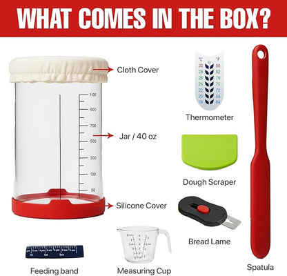 Sourdough Starter Kit, 40 Oz Sourdough Jar with Measuring Cup, Thermometer, Spatula, Dough Scraper, Bread Lame, Silicone Base & Cloth Cover, Feeding Band, Bread Baking Supplies for Bakers (40 Oz)