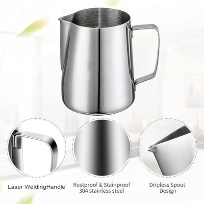 4Pieces Stainless Steel Milk Frothing Pitcher Set, Latte Art Barista Steaming Pitchers Set -Include Milk Frother Cup, Latte Art Pen, Powder Shaker, 5pcs Coffee Decorating Stencils (600ml/20oz)