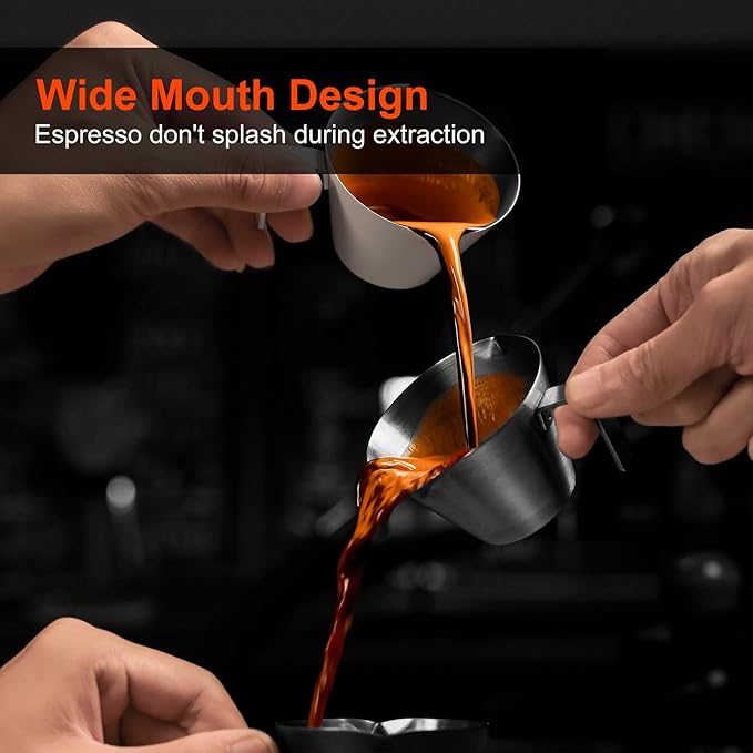MHW-3BOMBER Espresso Measuring Cups, Double Spouts Stainless Steel Espresso Pour Cup, Espresso Shot Cups with Handle Scale, Metal Measuring Cups with V-Shaped Mouth, 3.4OZ/100ML Yellow G5670-OS