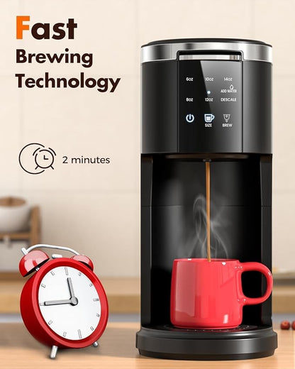 Kismile Single Serve Coffee Maker, 2 in 1 Pod Coffee Maker Machine for K-Cup & Ground, 6 to 14oz Brew Sizes, 40oz Removable Water Reservoir, LCD Screen, Self-cleaning, Black