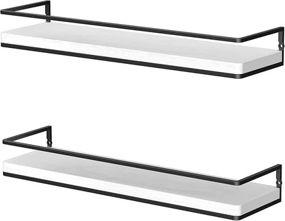 Meangood Floating Shelves Wall Mounted Set of 2, Rustic Wood Wall Storage Shelves for Bedroom,Living Room,Bathroom, Kitchen (White)