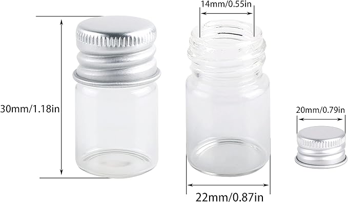 MaxMau Mini Glass Bottles with Screw Caps 5ml 24 Sets Aluminum Top Metal Lids 5 Milliliter Tiny Vials Small Jars DIY Storage Art Craft Decor