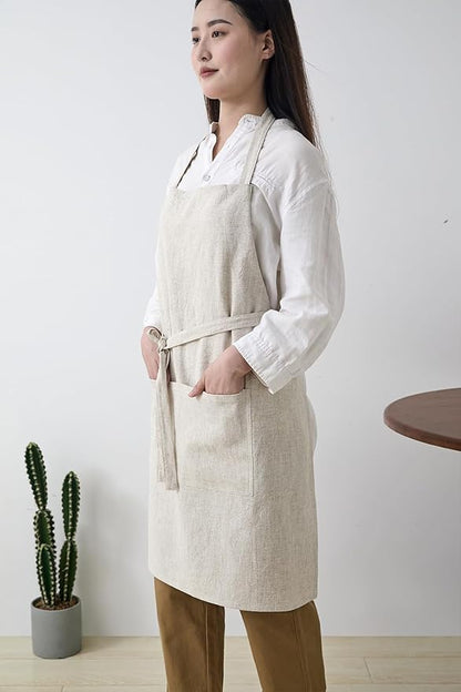 Cotton Linen Apron for Women - Adjustable Casual Apron with Pocktes, Great for Florist, Coffee House and Kitchen