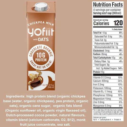 Yofiit Chocolate Brownie Non Dairy Milk - Delicious Vegan Chocolate Milk - 10g Protein & Less Sugar, Shelf Stable Milk with Oats, Pea Protein & Flax - Omega-3, High Protein Drinks (6 Pack)