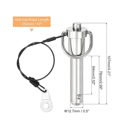 uxcell 1 Pcs Quick Release Pin, 1/2" x 2.52"(Dia. x L) Push-Button Ball Locking Pin 304 Stainless Steel Ring Handle Locking Pin with Wire for Audio Bimini Top Marine, Silver