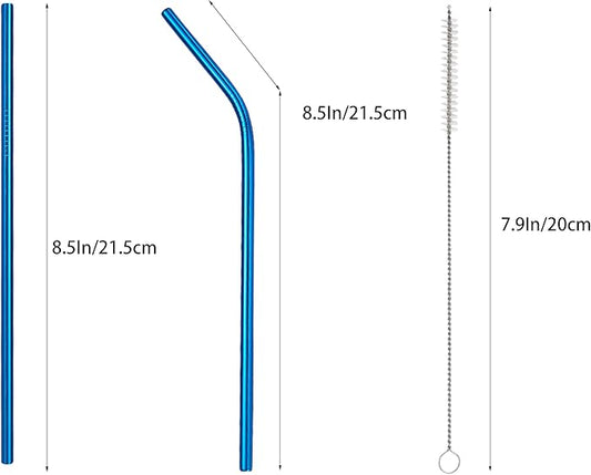 10 Pcs Stainless Steel Straws, Reusable Drinking Straws, 5 Straight + 5 Bent Metal Straws Set With 2 Pcs Cleaning Brushes (Blue, 8.5 Inch)