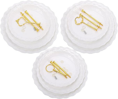 Tosnail 3-Pack 3-Tiers White Plastic Cupcake Stand, Dessert Serving Trays, Party Serving Tray Fruit Pastry Holders Catering Tray for Wedding, Party, Gathering - Round with Gold Rod