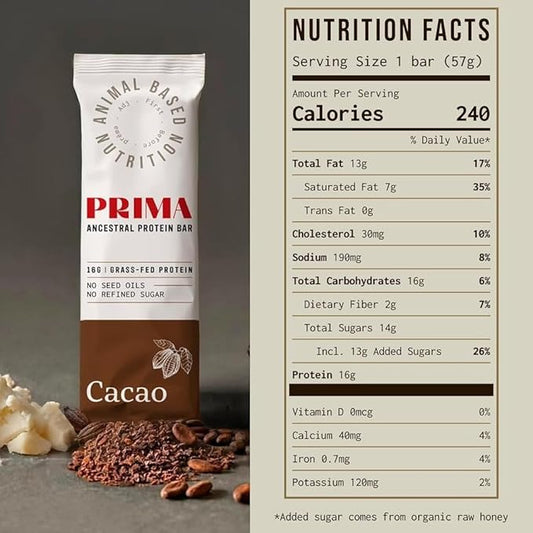 PRIMA ANCESTRAL PROTEIN BAR Grass Fed Protein Bars, 7 Pack – Animal-Based Protein Bar with Beef Tallow, Raw Honey, Seed Oil Free, Low Carb, Gluten-Free – Healthy, Energy Snacks for Clean Lifestyle (7 Pack, Cacao)