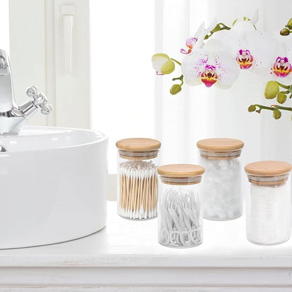 4 Pack Glass Qtip Holder Dispenser Set - Apothecary Jars with Lids for Vanity Makeup Organizer - Bathroom Canister Storage Organizer for Cotton Ball, Swab, Round Pads,Floss