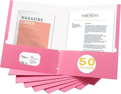Zzrywuty File Folders with Pockets Letter Size, 50-Pack Paper Folders with Card Slot, Two Pocket Folders for School Students, Businessmen, Home and Office Workers（Pink）
