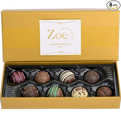 CRAVINGS BY ZOE Gourmet Chocolate Truffle Gift Box | 8 Count | Assorted Gourmet Milk & Dark Chocolate Candy Food Gift Basket Anniversary, Birthday, Get Well, Holiday, Thank You Men Women Mom Her