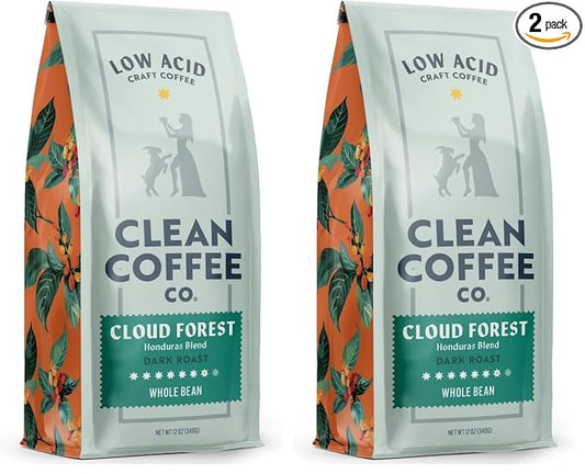 Clean Coffee Co. - Low Acid Dark Roast, Tested for Molds and Toxins, Honduras Blend, Notes of Caramel, Dark Chocolate, and Toasted Malts (Whole Bean, 12 oz Bag) (Pack of 2)